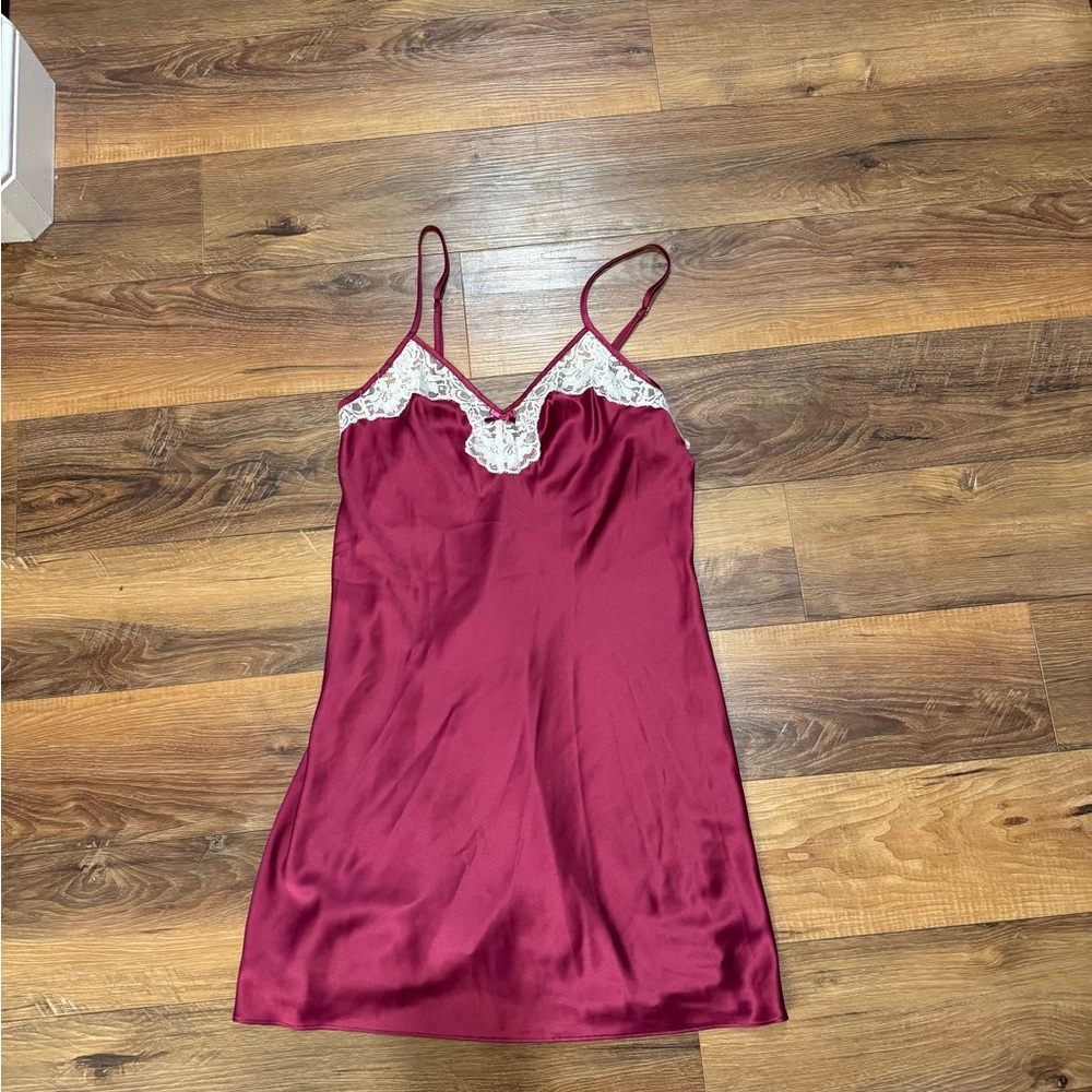 Burgundy Satin Chemise with Lace Detail and Spaghetti Straps